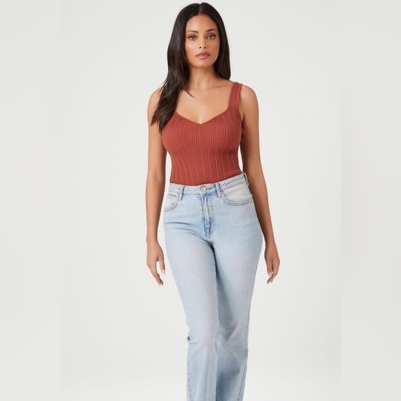 Forever 21 Ribbed Knit V-neck Bodysuit In Marsala Size L - Picture 1 of 3